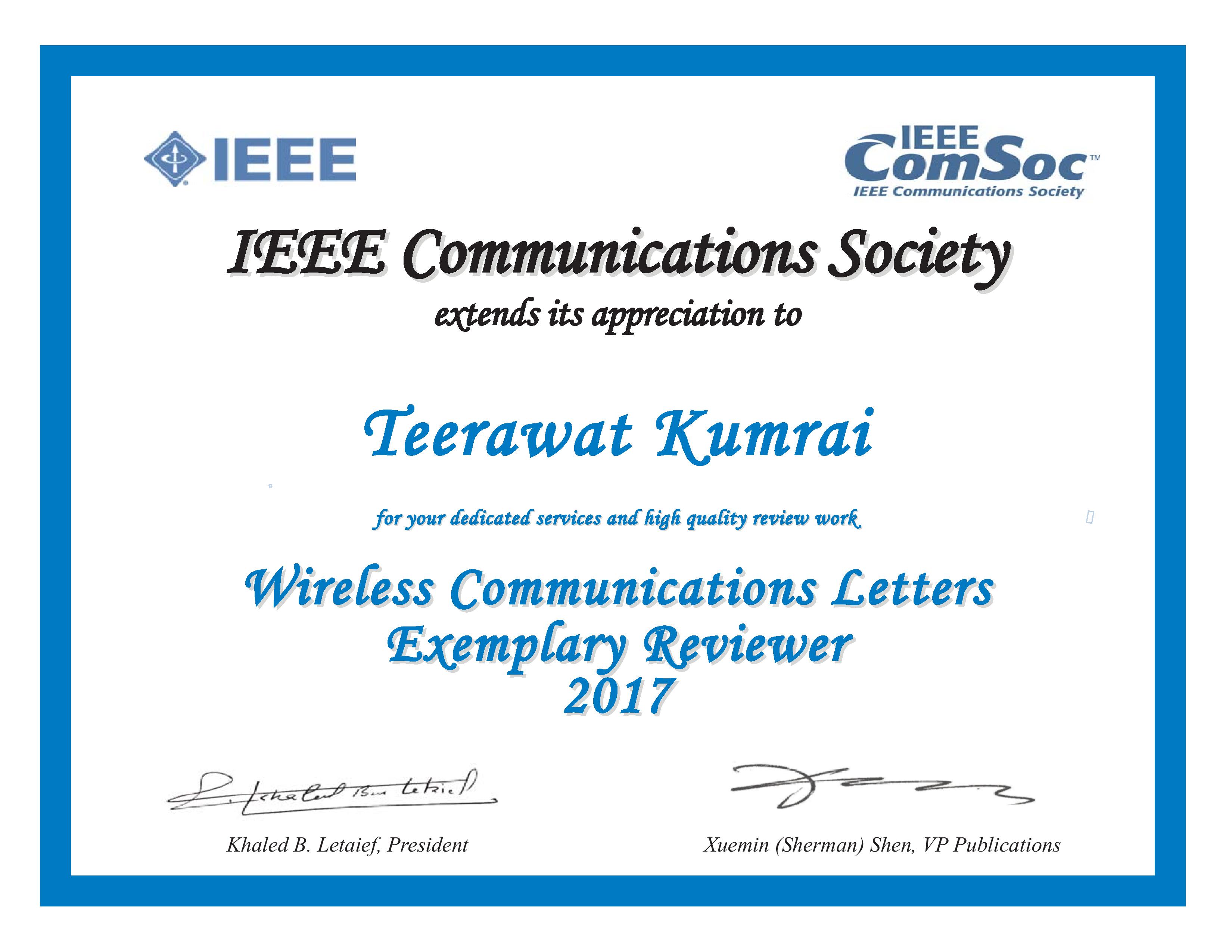 IEEE WCL Exemplary Reviewer 2017